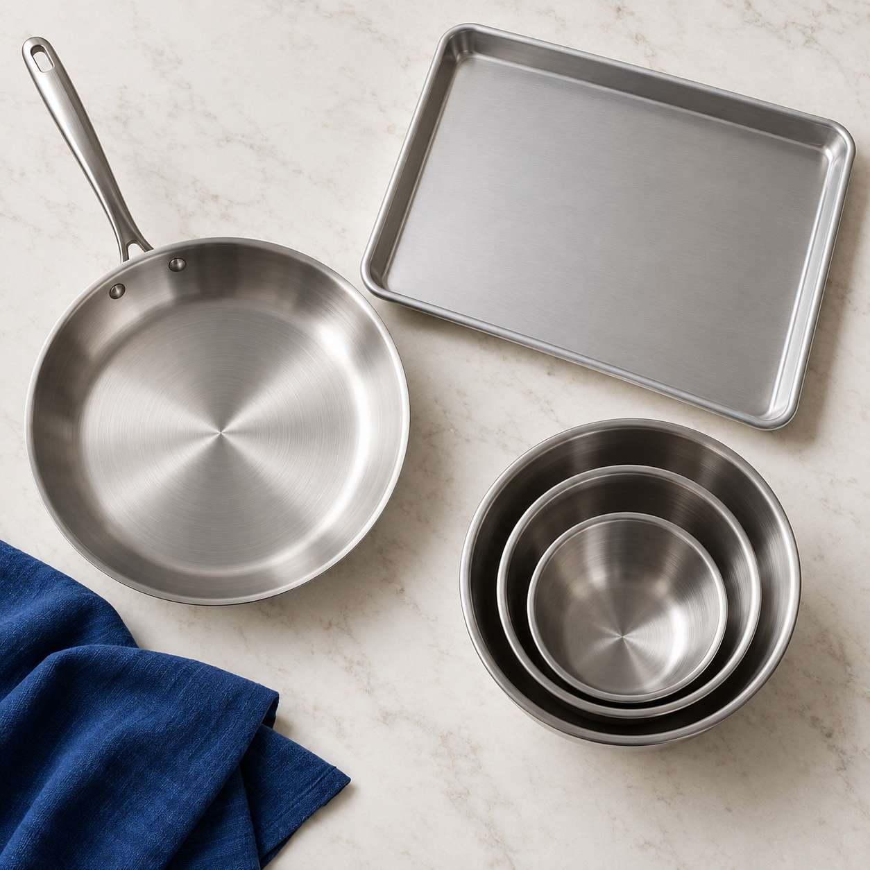 Stainless skillet, sheet pan, and mixing bowls on pale stone